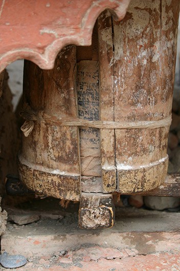 Prayer wheel outside the entrance to the main temple, Wanla monastery, Ladakh.